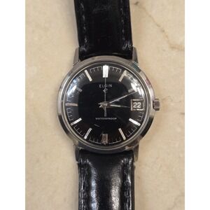 Vtg ELGIN Men's Automatic Watch Date 17J Swiss 1960s Charcoal Black Dial